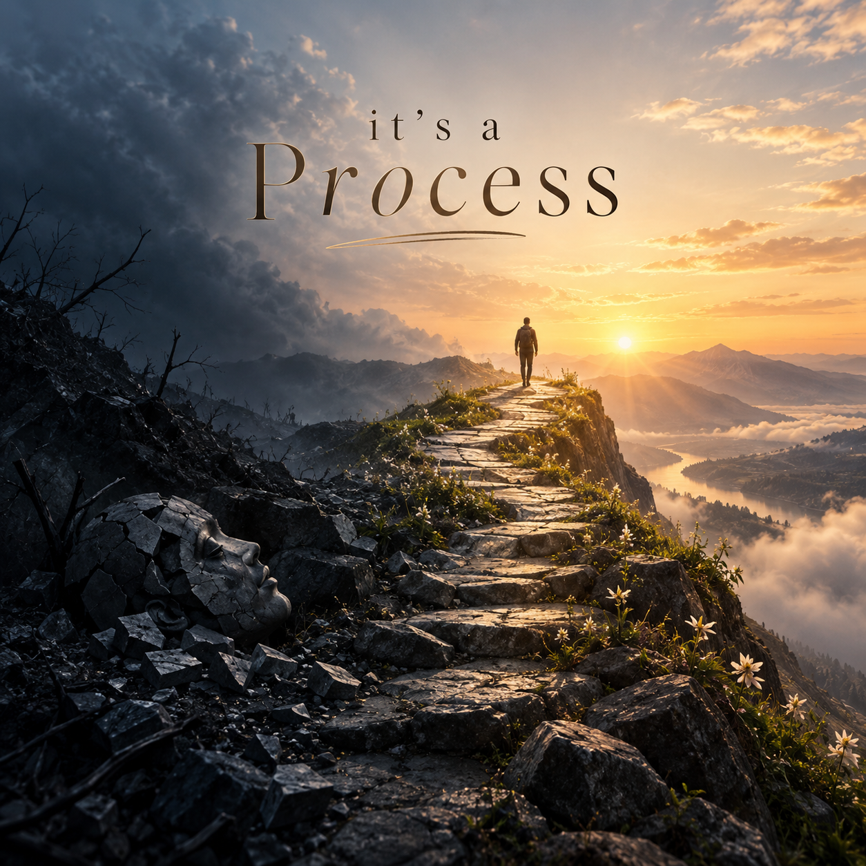 it’s a Process EP cover: a figure on a mountain path between dark clouds and golden sunlight